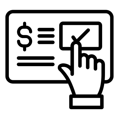 Icon of a hand pointing to a screen with dollar sign and equal sign, indicating financial transaction or balance.