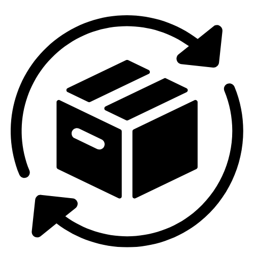 Black icon of a box with arrows circling around it on a white background
