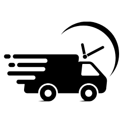 Black silhouette of a delivery truck with a clock above it on a white background - Fast and Free Shipping